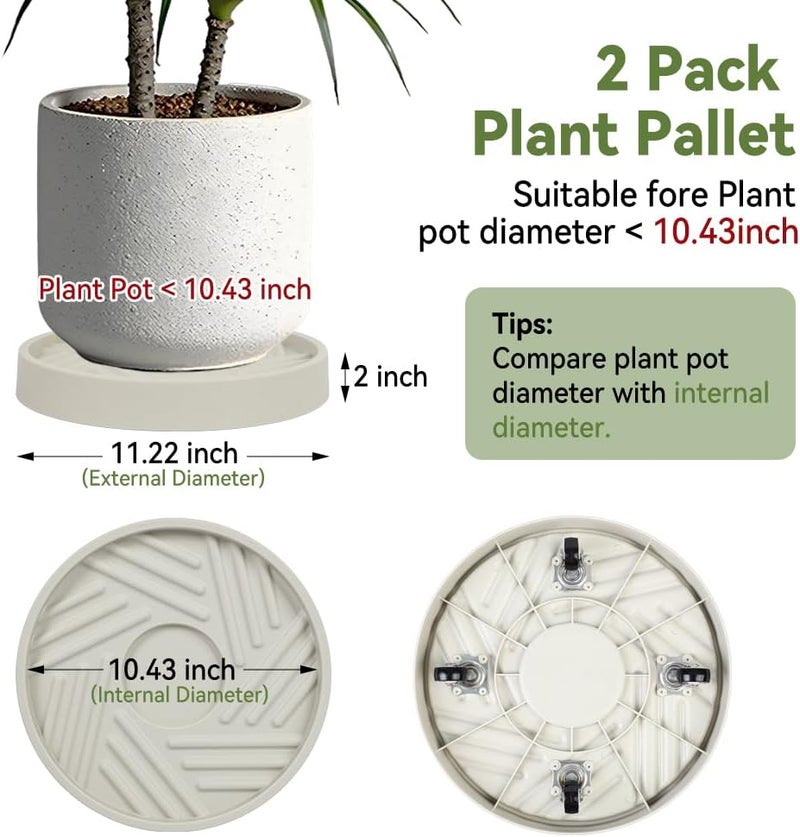UoeRing 2 Pcs Plant Caddy with Hidden Wheels 11 Inch Heavy Duty Rolling Plant Stand, Indoor Outdoor Plant Saucer Tray with $9.9 Garden Tools (Beige) - Image 2